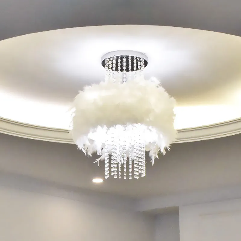 Feather Fluffy Drum semi-inbouw kroonluchter moderne stijl 4 lampen slaapkamer plafondlamp met kristallen ketting chroom C...