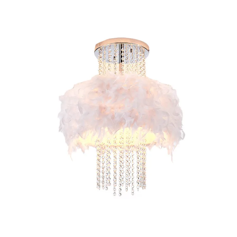 Feather Fluffy Drum semi-inbouw kroonluchter moderne stijl 4 lampen slaapkamer plafondlamp met kristallen ketting chroom C...