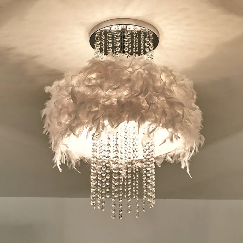 Feather Fluffy Drum semi-inbouw kroonluchter moderne stijl 4 lampen slaapkamer plafondlamp met kristallen ketting chroom C...