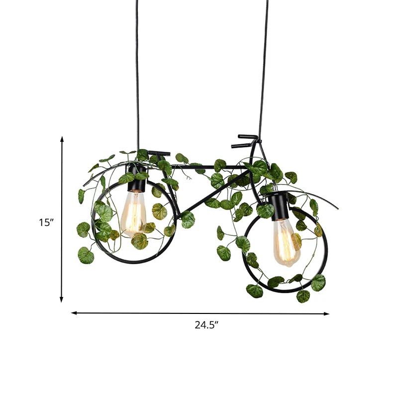 Fietsrestaurant eilandplafondlamp retro metaal 2 koppen zwarte druppellamp met plantendecor Clearhalo
