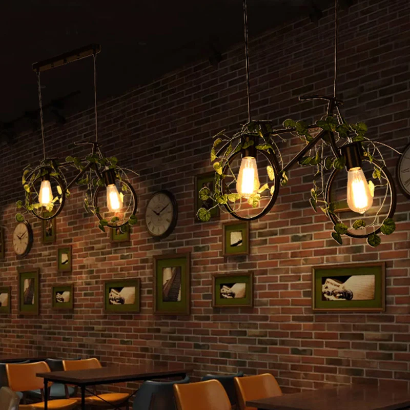Fietsrestaurant eilandplafondlamp retro metaal 2 koppen zwarte druppellamp met plantendecor Clearhalo