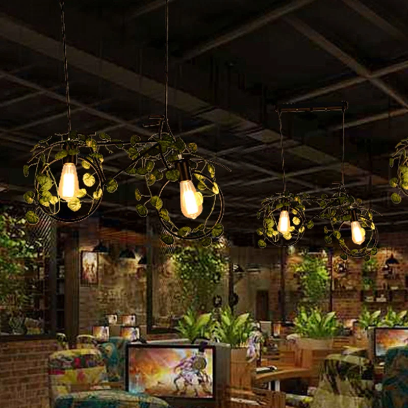 Fietsrestaurant eilandplafondlamp retro metaal 2 koppen zwarte druppellamp met plantendecor Clearhalo