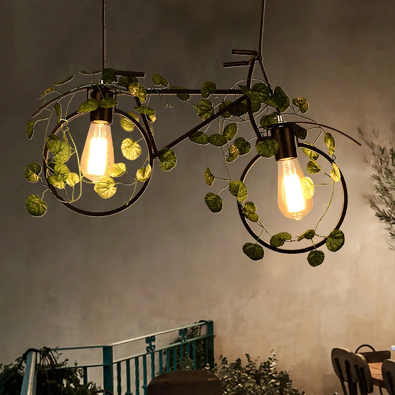 Fietsrestaurant eilandplafondlamp retro metaal 2 koppen zwarte druppellamp met plantendecor Clearhalo