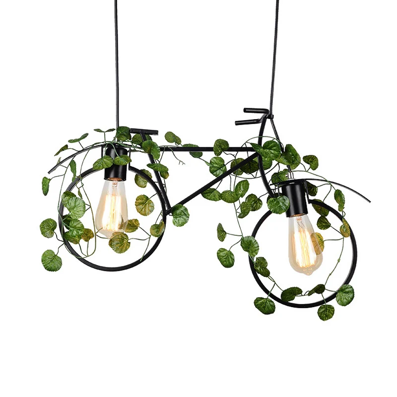 Fietsrestaurant eilandplafondlamp retro metaal 2 koppen zwarte druppellamp met plantendecor Clearhalo