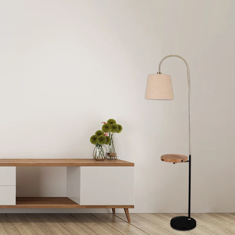 Flaxen Barrel Shade Vloerverlichting Minimalistische stoffen standaardlamp met enkele kop en rond houten paneel Clearhalo