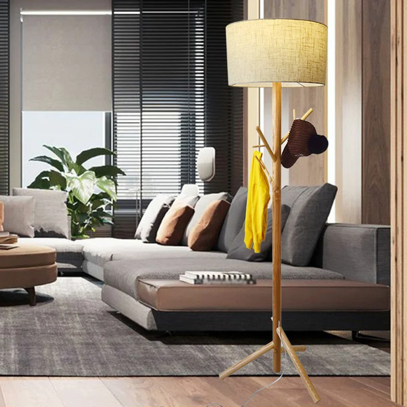 Flaxen Drum Stand Up Lamp Minimalistische 1-lichts stoffen vloerlamp met houten statief en kapstok Clearhalo