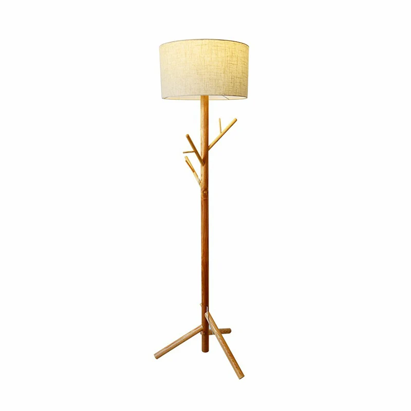 Flaxen Drum Stand Up Lamp Minimalistische 1-lichts stoffen vloerlamp met houten statief en kapstok Clearhalo