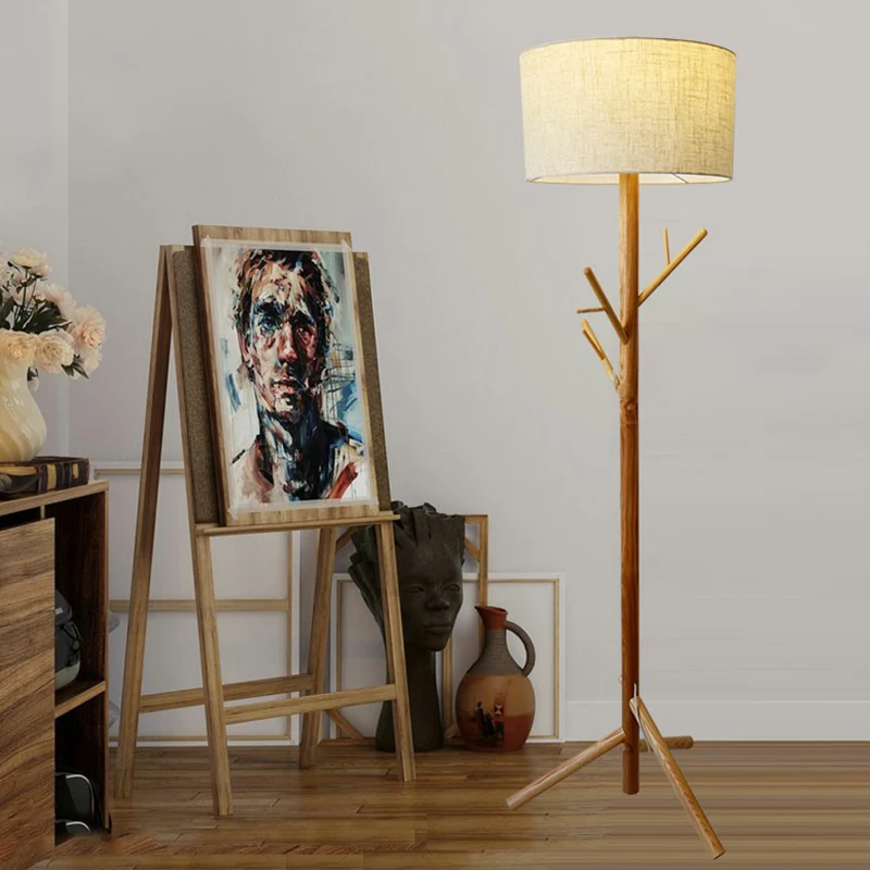 Flaxen Drum Stand Up Lamp Minimalistische 1-lichts stoffen vloerlamp met houten statief en kapstok Clearhalo
