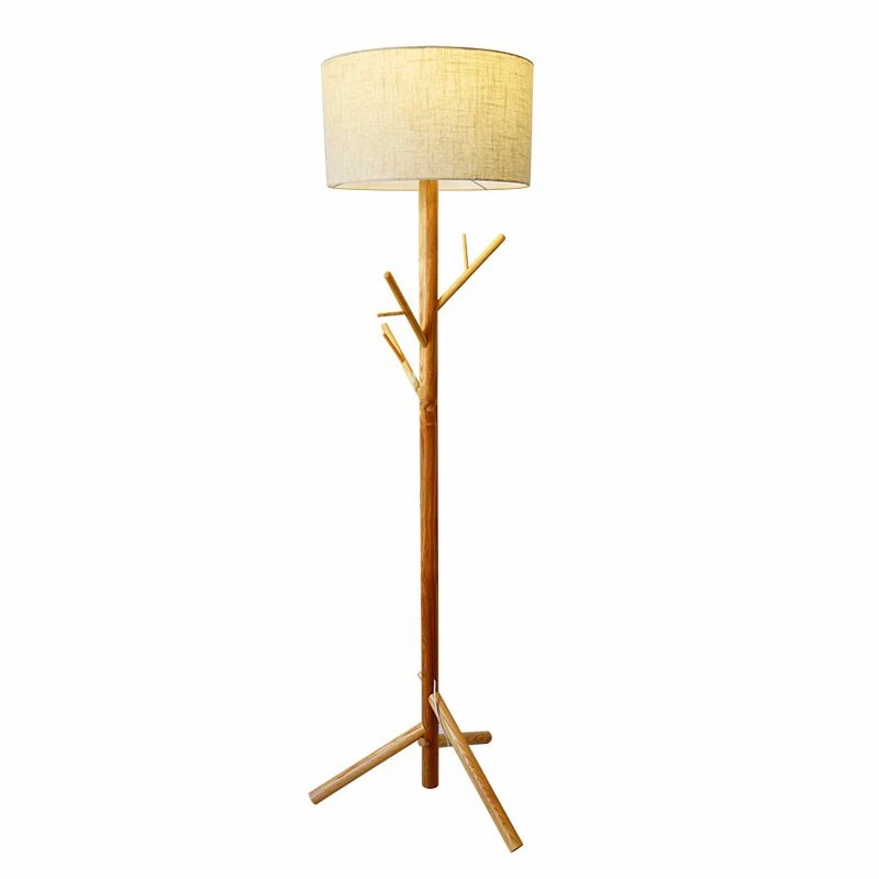Flaxen Drum Stand Up Lamp Minimalistische 1-lichts stoffen vloerlamp met houten statief en kapstok Clearhalo