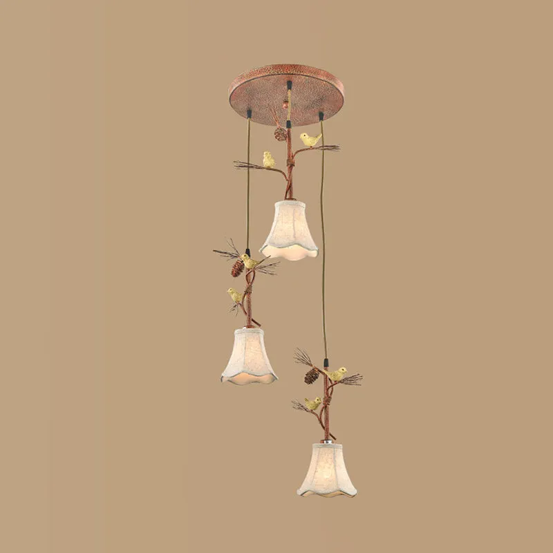 Flaxen 3/5 Heads cluster hanglamp landelijke stoffen geschulpte hanglamp met vogel- en dennenappeldeco Clearhalo