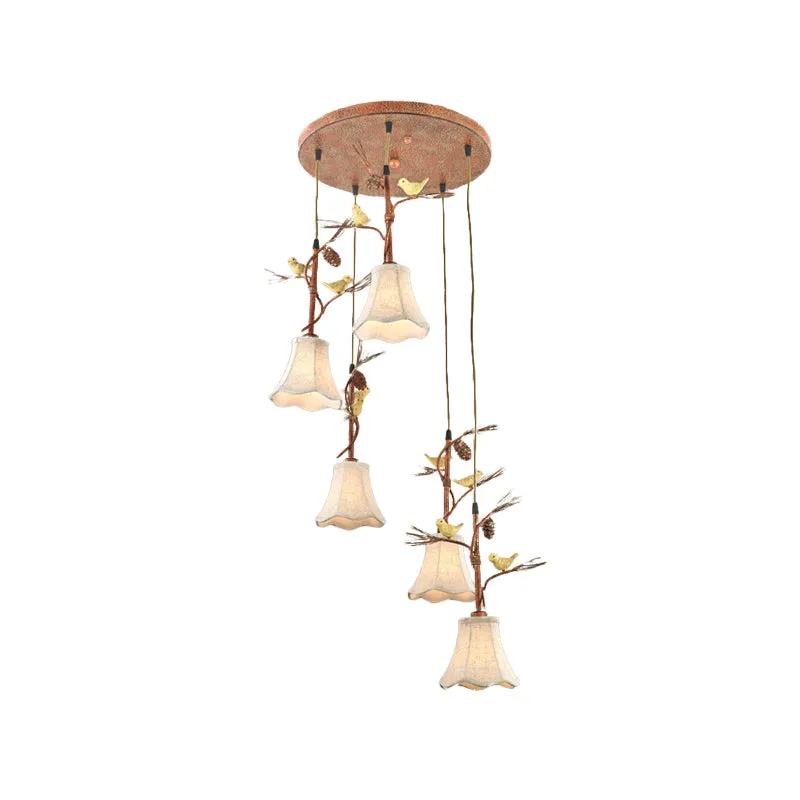Flaxen 3/5 Heads cluster hanglamp landelijke stoffen geschulpte hanglamp met vogel- en dennenappeldeco Clearhalo