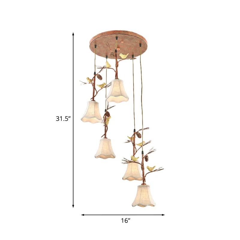 Flaxen 3/5 Heads cluster hanglamp landelijke stoffen geschulpte hanglamp met vogel- en dennenappeldeco Clearhalo