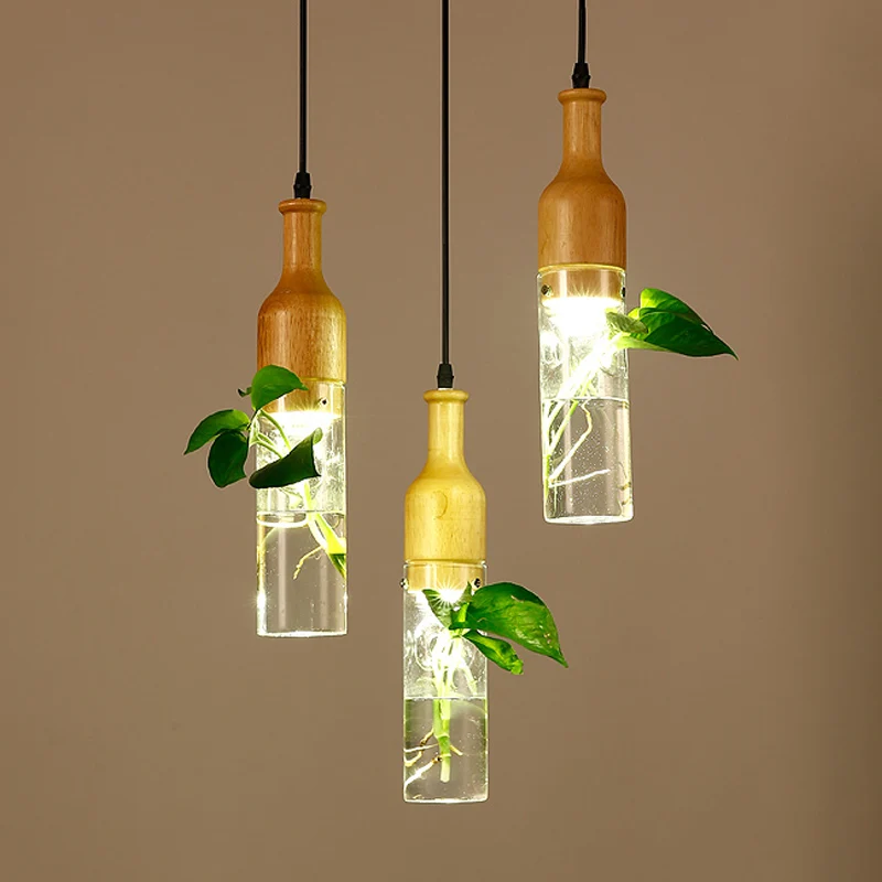 Fles Restaurant Multi Light Hanglamp Art Deco Helder Glas 3 Hoofden Houten Hanglamp met Ronde/Lineaire Luifel Clearhalo