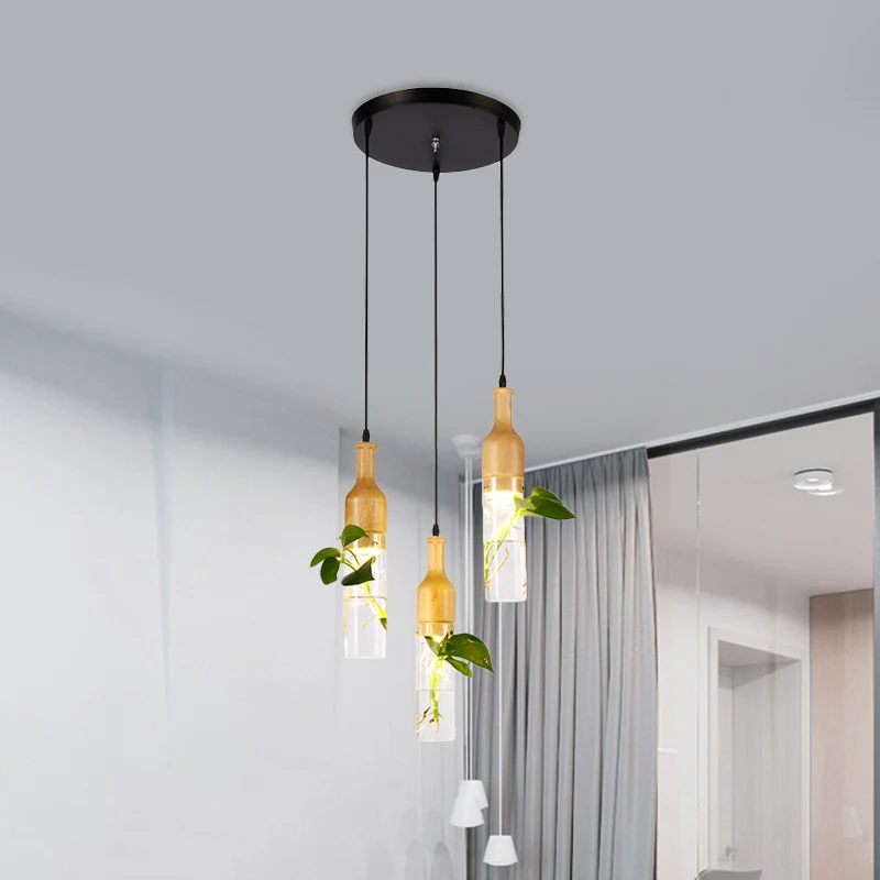 Fles Restaurant Multi Light Hanglamp Art Deco Helder Glas 3 Hoofden Houten Hanglamp met Ronde/Lineaire Luifel Clearhalo
