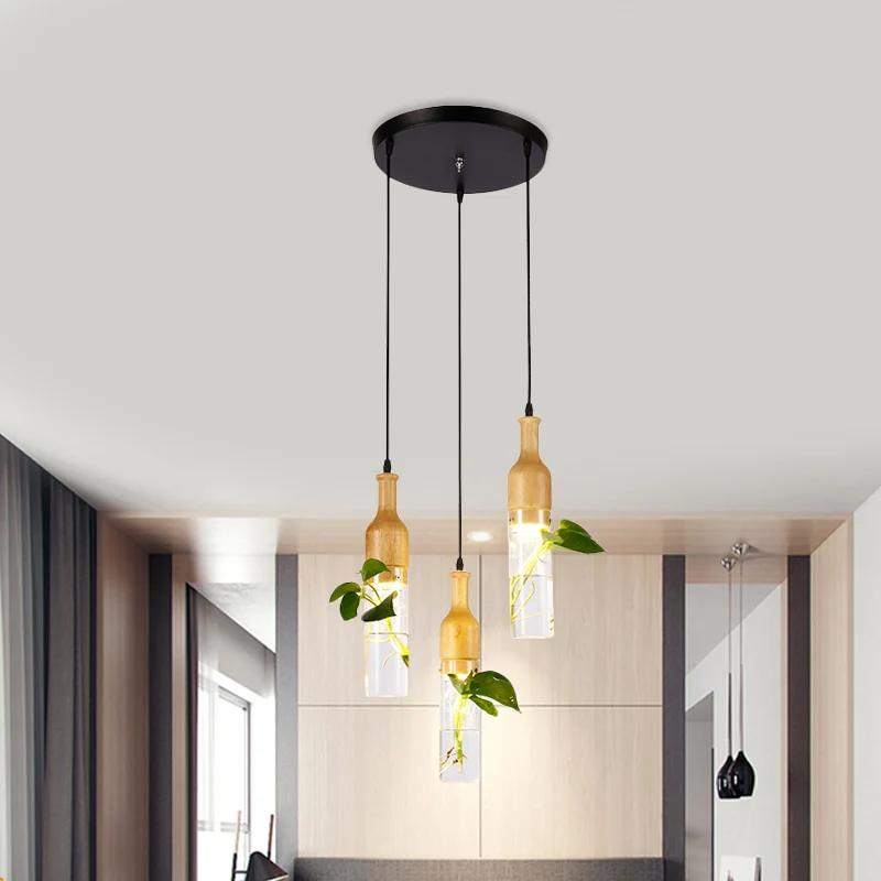 Fles Restaurant Multi Light Hanglamp Art Deco Helder Glas 3 Hoofden Houten Hanglamp met Ronde/Lineaire Luifel Clearhalo