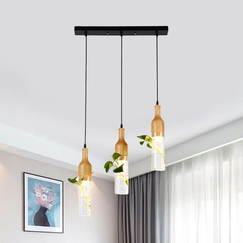 Fles Restaurant Multi Light Hanglamp Art Deco Helder Glas 3 Hoofden Houten Hanglamp met Ronde/Lineaire Luifel Clearhalo