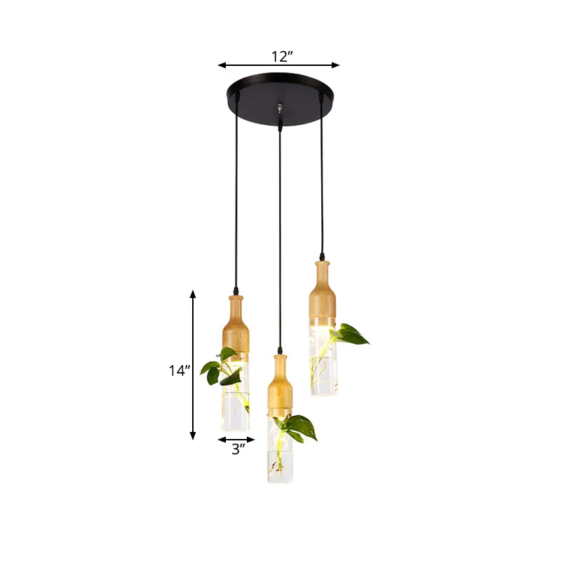 Fles Restaurant Multi Light Hanglamp Art Deco Helder Glas 3 Hoofden Houten Hanglamp met Ronde/Lineaire Luifel Clearhalo