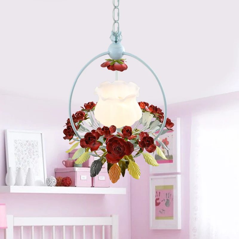 Floret Slaapkamer Pendellicht Romantische Pastorale Opaal Glazen Enkele Witte en Rode Hanglamp Clearhalo