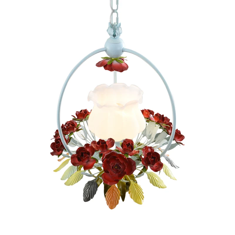 Floret Slaapkamer Pendellicht Romantische Pastorale Opaal Glazen Enkele Witte en Rode Hanglamp Clearhalo