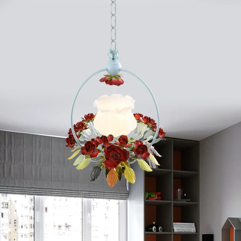 Floret Slaapkamer Pendellicht Romantische Pastorale Opaal Glazen Enkele Witte en Rode Hanglamp Clearhalo