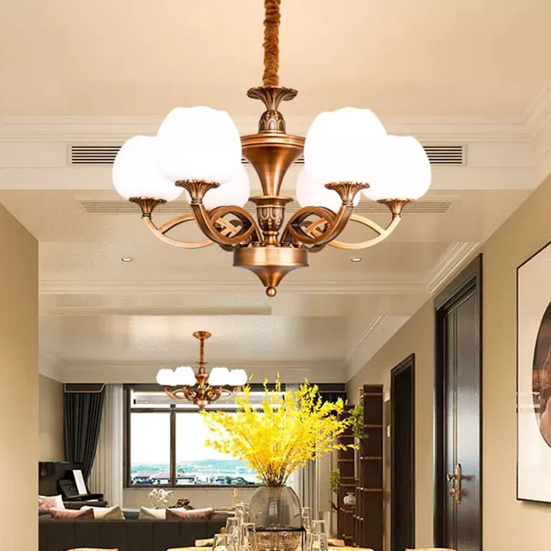 Flowerbud Woonkamer Plafondkroonluchter Traditioneel Wit Glas 3/6/8 Lampen Messing Hanglamp Clearhalo