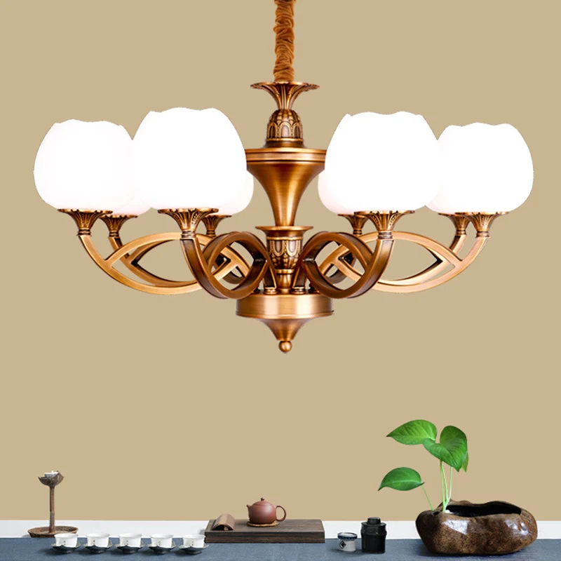Flowerbud Woonkamer Plafondkroonluchter Traditioneel Wit Glas 3/6/8 Lampen Messing Hanglamp Clearhalo