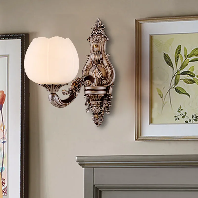 Frosted Glass Bloom Wandverlichting Vintage 1/2-Head Woonkamer Wandlamp Blaker met Gebogen Arm Koffie Clearhalo