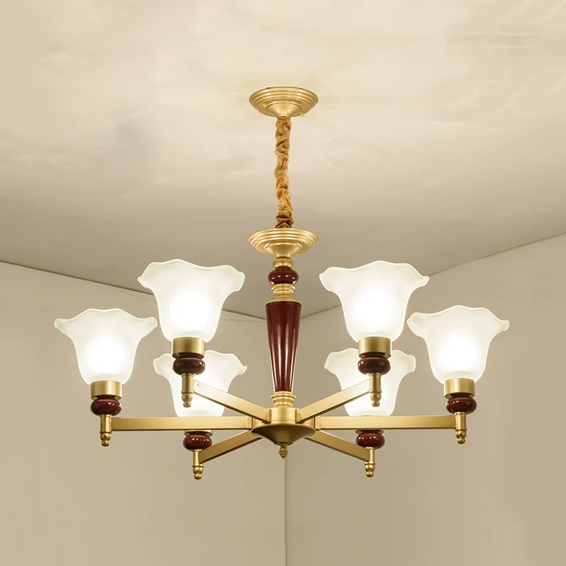 Frosted Glass Blossom Kroonluchter Lichte Rustieke Stijl 3/6/8 Lichten Woonkamer Ophanging Hanger Goud Clearhalo