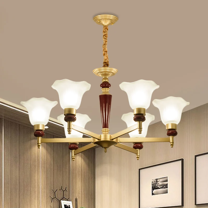 Frosted Glass Blossom Kroonluchter Lichte Rustieke Stijl 3/6/8 Lichten Woonkamer Ophanging Hanger Goud Clearhalo