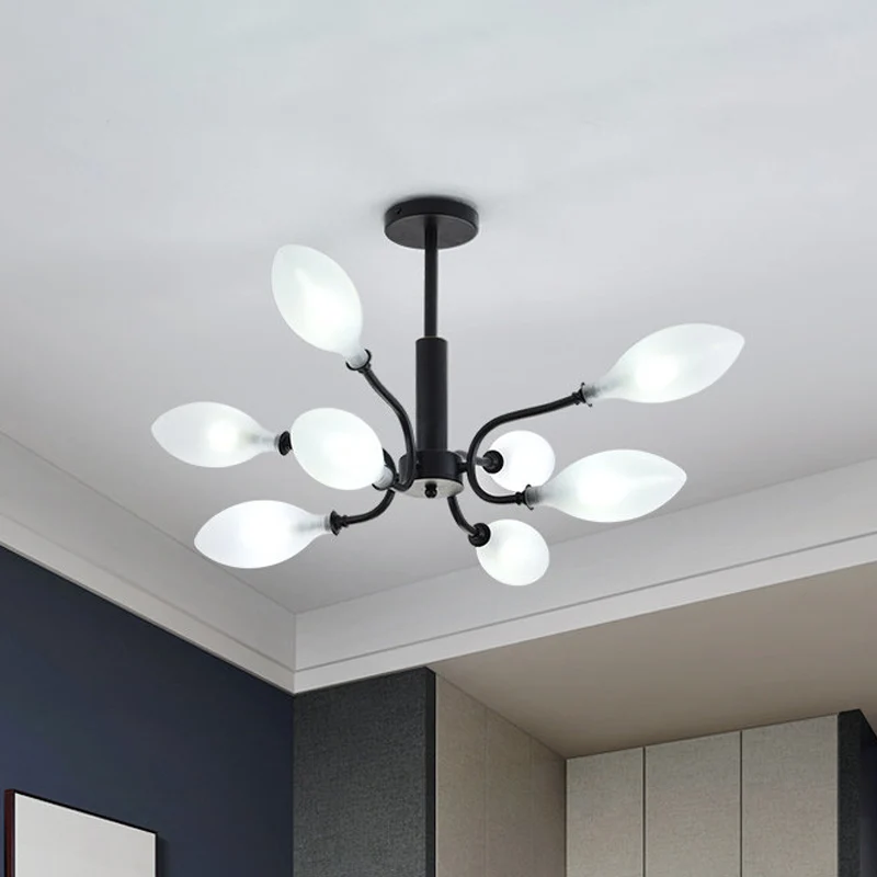 Frosted Glass Branch Kroonluchter Woonkamer Multi Light Smeedijzeren Plafondlamp Zwart Clearhalo