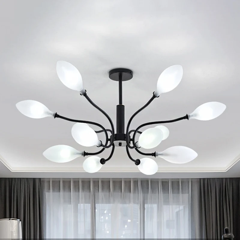 Frosted Glass Branch Kroonluchter Woonkamer Multi Light Smeedijzeren Plafondlamp Zwart Clearhalo