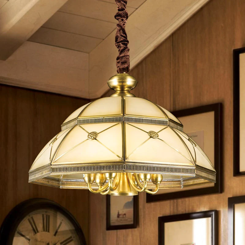 Frosted Glass Gold Hanger Kroonluchter Bowl 7 Lichten Kolonialisme Plafond Hangarmatuur voor keuken Clearhalo
