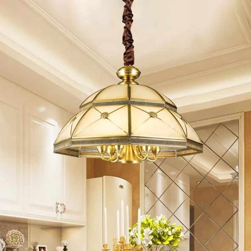 Frosted Glass Gold Hanger Kroonluchter Bowl 7 Lichten Kolonialisme Plafond Hangarmatuur voor keuken Clearhalo