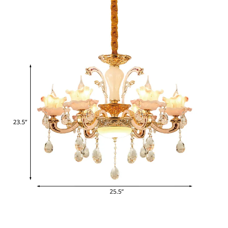 Frosted Glass Ruffle Kroonluchter Mid Century 6-lichts eetkamer hangende plafondlamp rosé goud Clearhalo