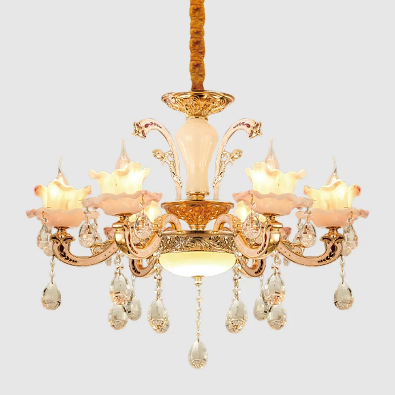 Frosted Glass Ruffle Kroonluchter Mid Century 6-lichts eetkamer hangende plafondlamp rosé goud Clearhalo