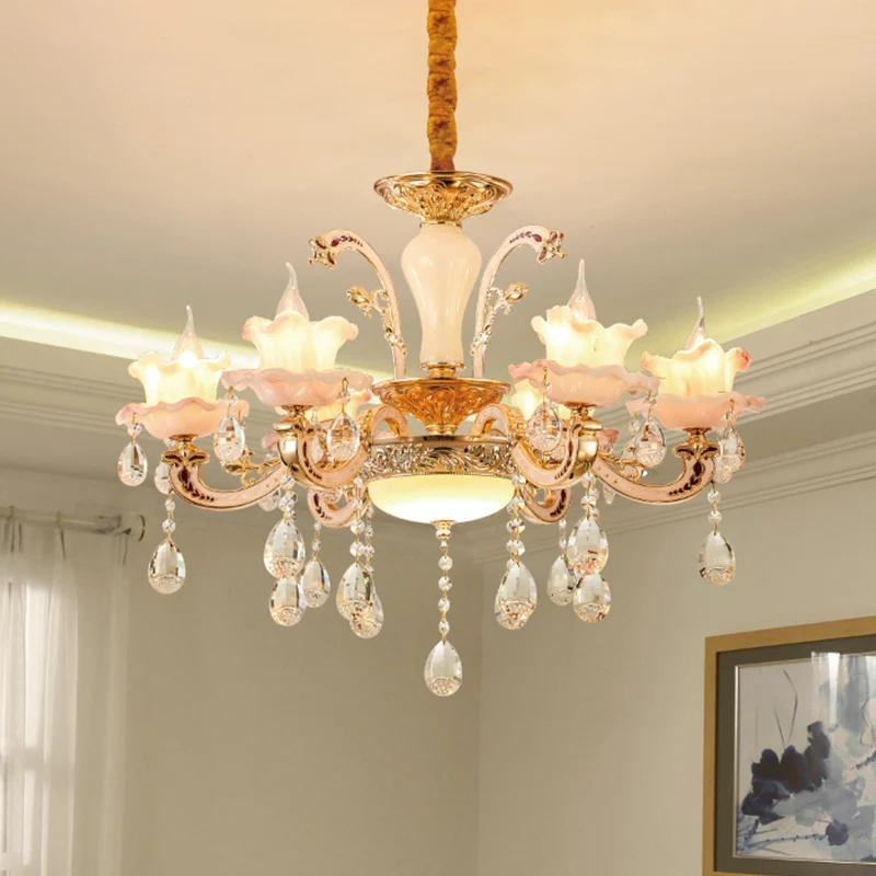 Frosted Glass Ruffle Kroonluchter Mid Century 6-lichts eetkamer hangende plafondlamp rosé goud Clearhalo