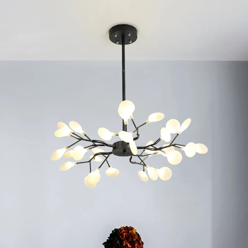 Frosted Shade Black Branch Kroonluchter Multi-Light Modern Metallic Hanglamp voor Restaurant Clearhalo
