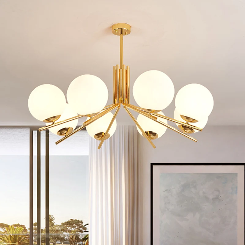 Frosted White Glass Orb plafondkroonluchter moderne 8-kops gouden hanglamp Clearhalo