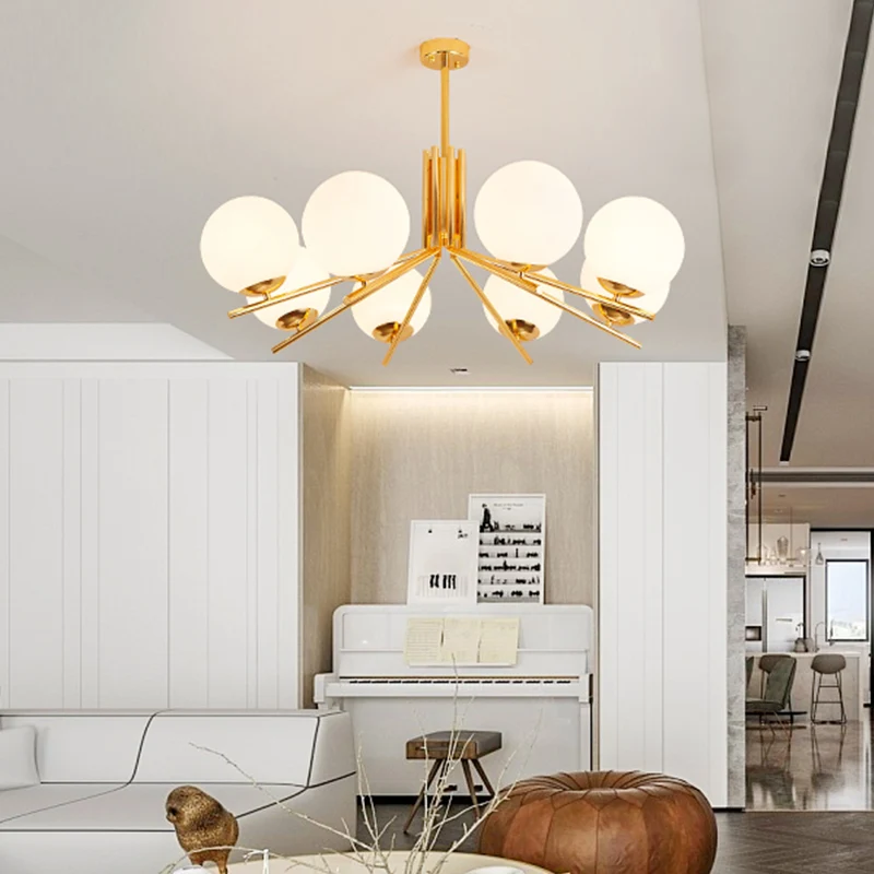 Frosted White Glass Orb plafondkroonluchter moderne 8-kops gouden hanglamp Clearhalo