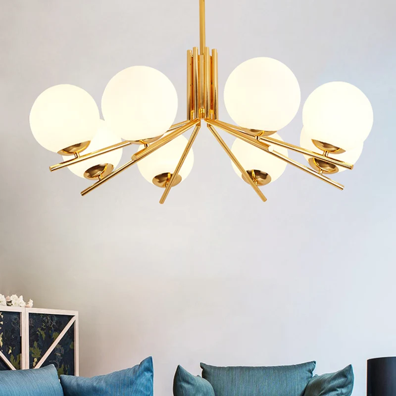 Frosted White Glass Orb plafondkroonluchter moderne 8-kops gouden hanglamp Clearhalo
