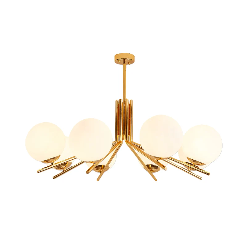 Frosted White Glass Orb plafondkroonluchter moderne 8-kops gouden hanglamp Clearhalo