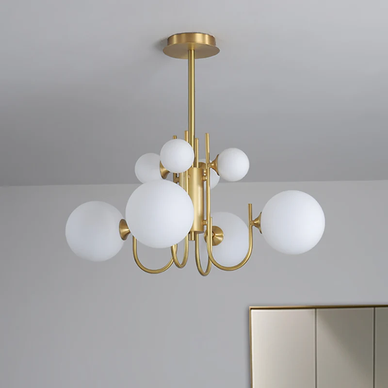 Frosted witte glazen bol hanglamp Designer 8-kops hangende kroonluchter messing Clearhalo