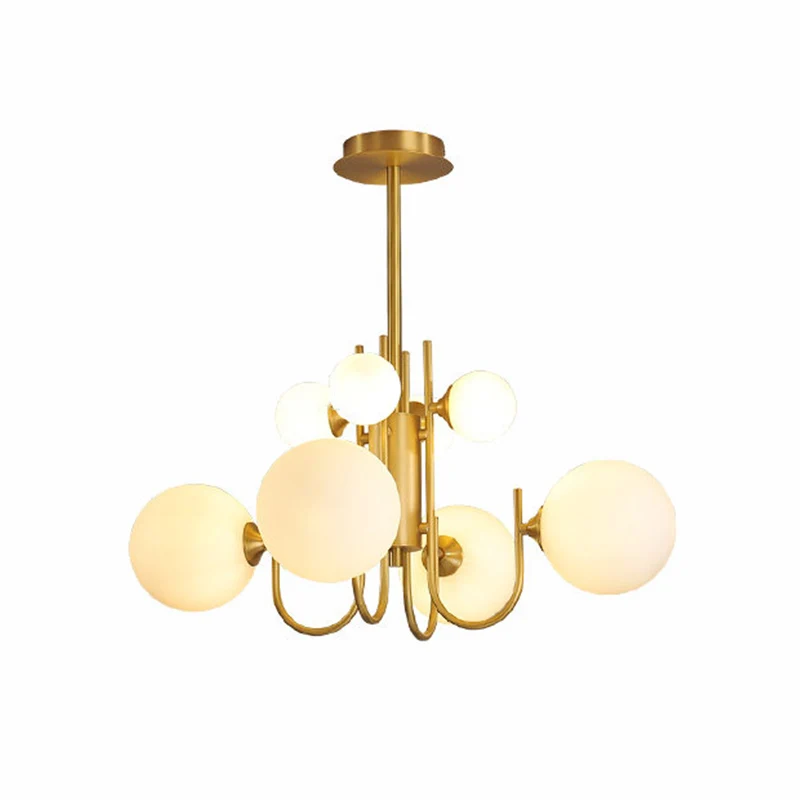 Frosted witte glazen bol hanglamp Designer 8-kops hangende kroonluchter messing Clearhalo