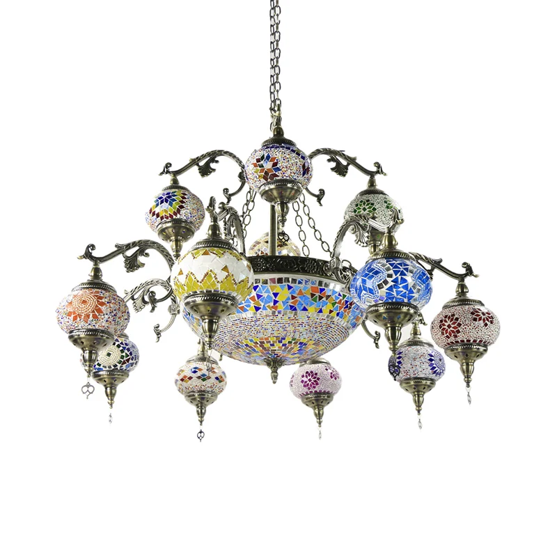 Gebogen arm metalen kroonluchter traditioneel 15 koppen bronzen hanglampset met kleurrijke glazen bol Clearhalo