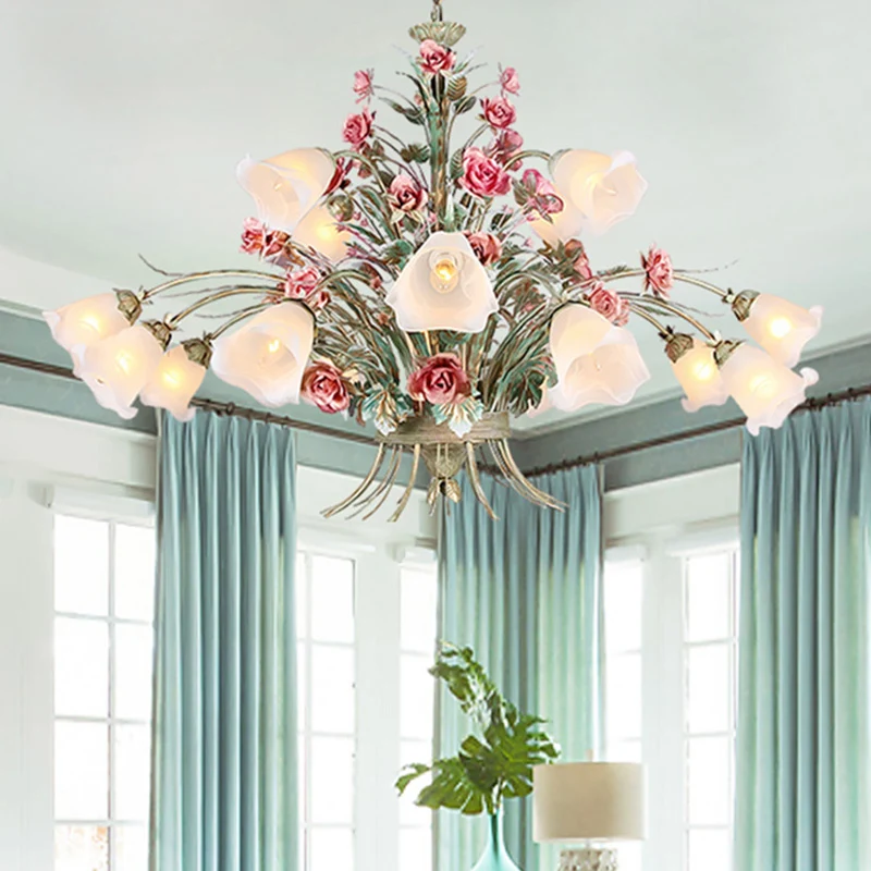 Gebogen arm metalen kroonluchter verlichting landelijke stijl 16 lampen woonkamer LED bloem hanglamp groen Clearhalo