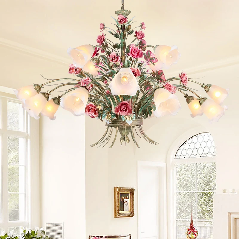 Gebogen arm metalen kroonluchter verlichting landelijke stijl 16 lampen woonkamer LED bloem hanglamp groen Clearhalo