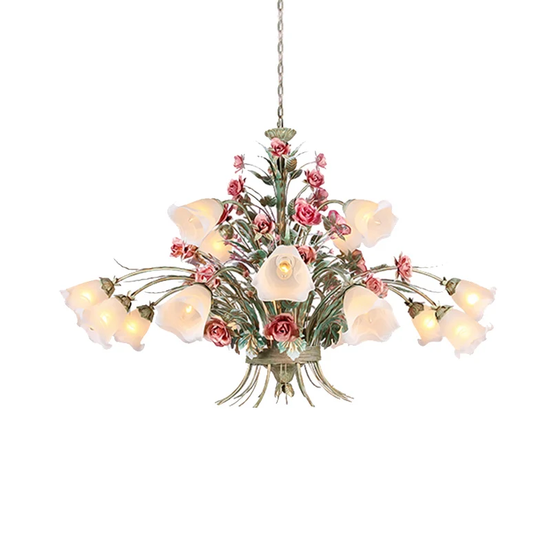 Gebogen arm metalen kroonluchter verlichting landelijke stijl 16 lampen woonkamer LED bloem hanglamp groen Clearhalo