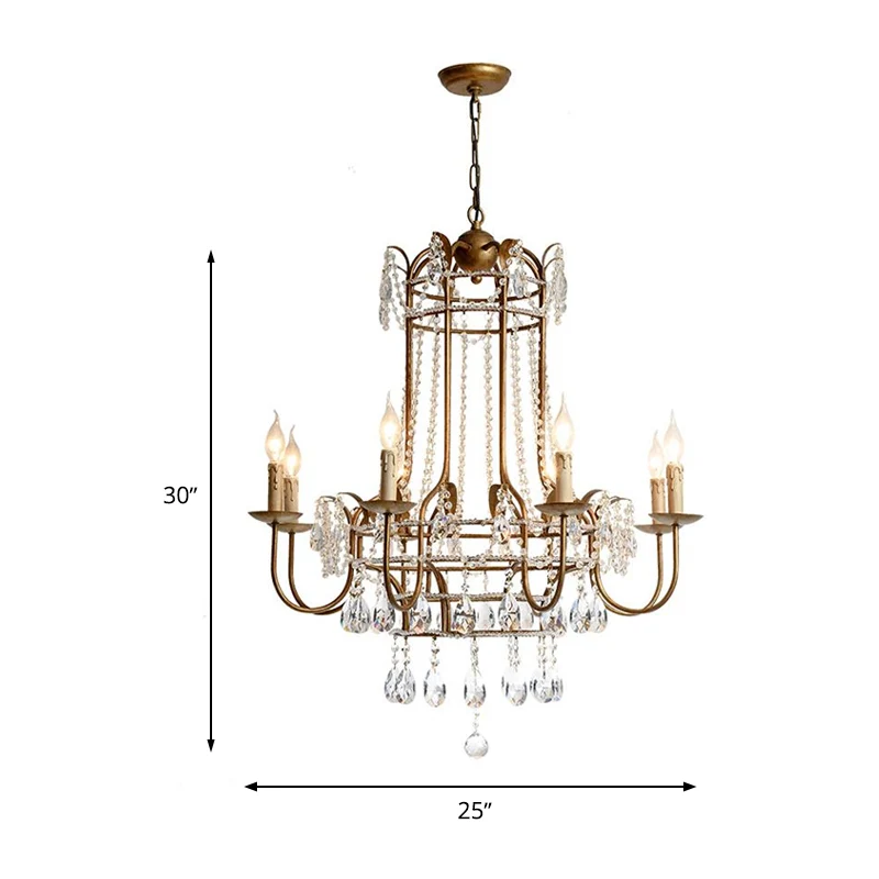 Gebogen arm metalen kroonluchterlamp Traditioneel 6-kops messing hangende hanglamp met heldere kristallen druppel Clearhalo