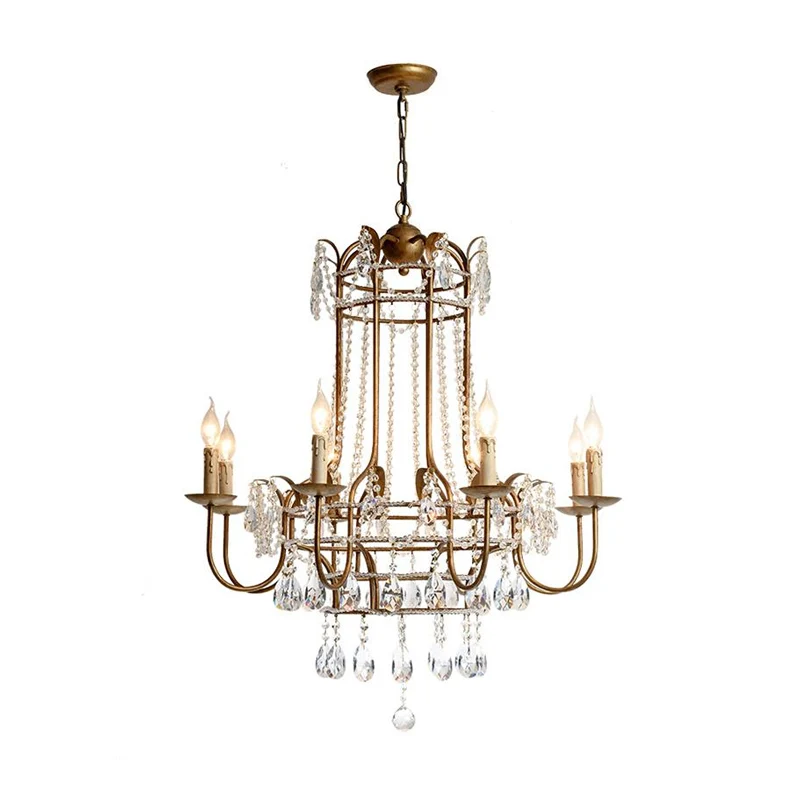 Gebogen arm metalen kroonluchterlamp Traditioneel 6-kops messing hangende hanglamp met heldere kristallen druppel Clearhalo