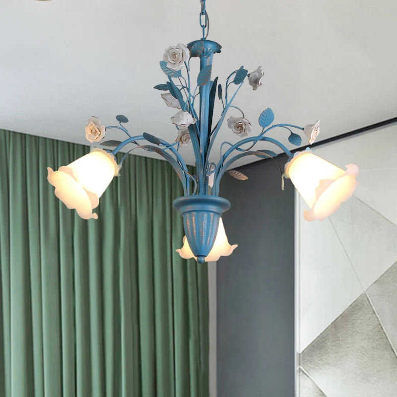 Gebogen arm opaal glazen kroonluchter pastorale 3/5/6 lampen woonkamer bloem hanger verlichtingsarmatuur blauw Clearhalo